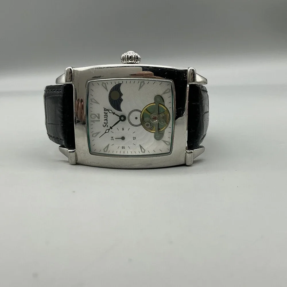 Stauer Mens Watch 35mm White Dial Black Leather Automatic Moon Phase For Parts